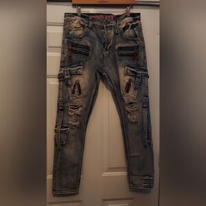 SMUGGLER'S MOON MEN'S DISTRESSED DESTROYED TROOPER CARGO ZIPPER JEANS SIZE 36X32